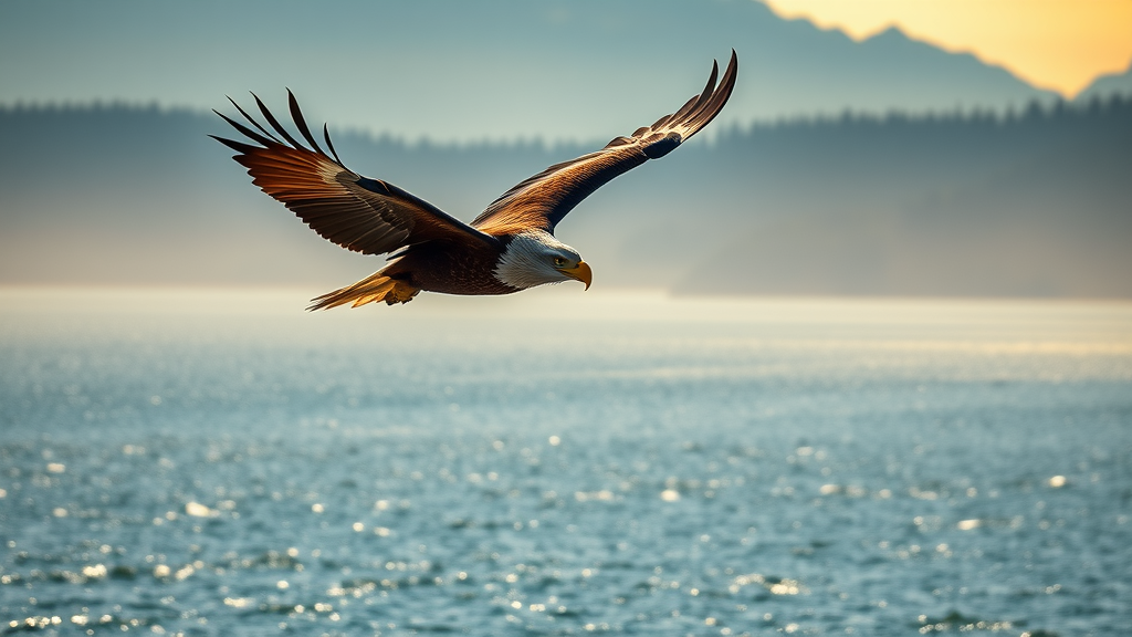 bald eagle over Puget Sound, snohomish sound tourism, bird watching highlight, vibrant waters and forest backdrops