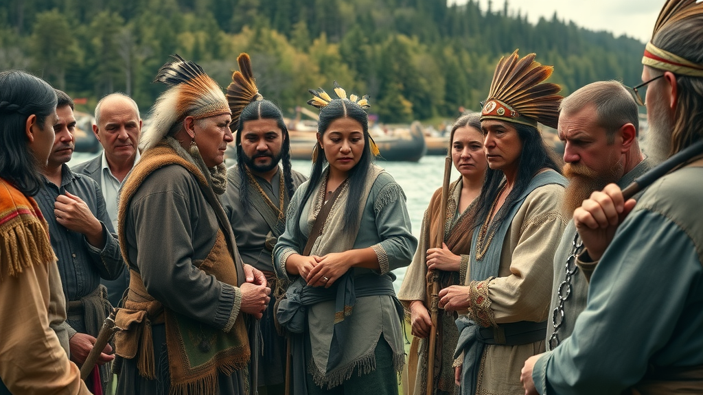 dignified gathering of Native American leaders and settlers at a treaty negotiation, engaged in discussion, riverside backdrop with forested banks and historic canoes