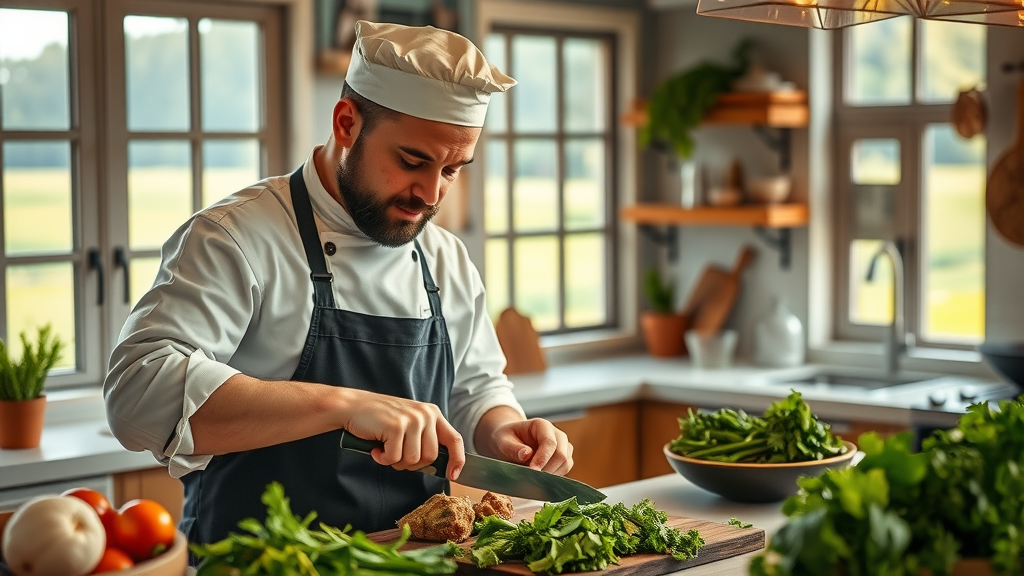 Chef preparing fresh farm-to-table meal with local Snohomish Sound ingredients in a kitchen overlooking fields, farm planning and local agriculture focus