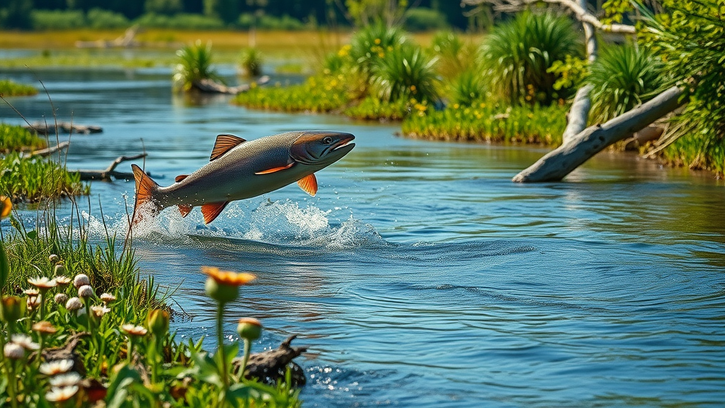 lush river delta ecosystem, salmon leaping upstream, wetland marsh with wildflowers and driftwood, vibrant green, silver, and azure tones
