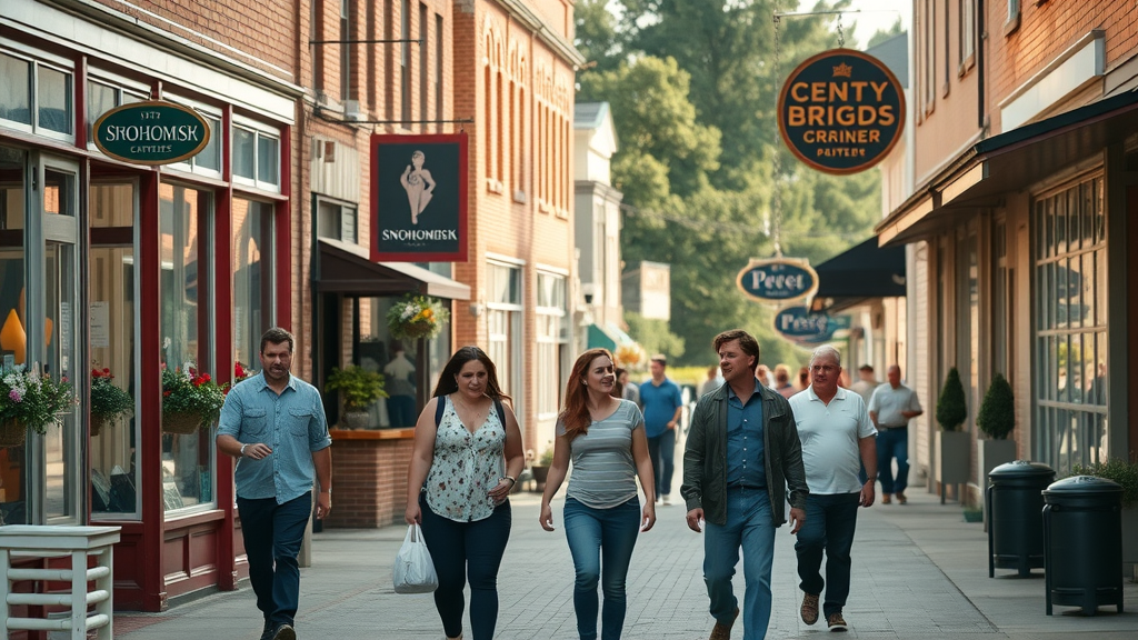 historic main street in Snohomish, families and couples strolling past vintage storefronts, snohomish county, vibrant community atmosphere