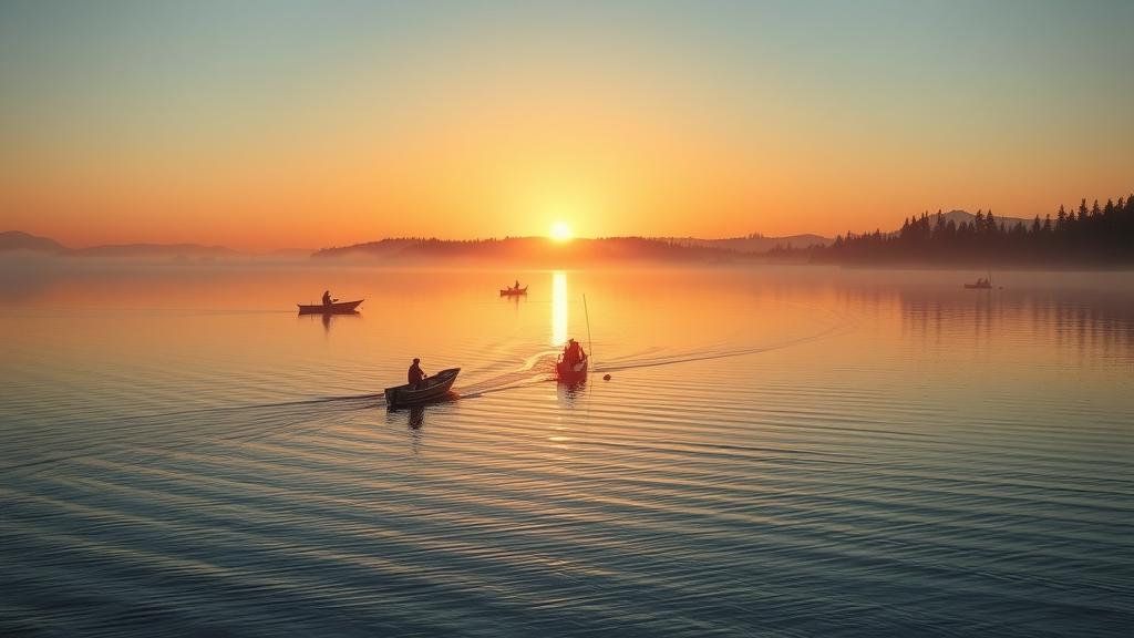 picturesque sunrise over Snohomish Sound calm waters salmon fishing and small boats amidst Pacific Northwest landscape snohomish sound fishing