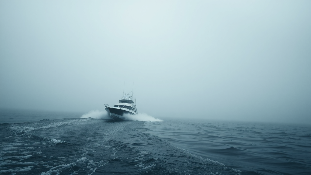 intense fog bank snohomish sound, leisure boat, safety through binoculars, boating hazard