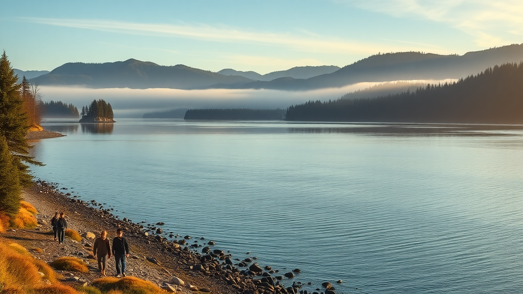 Pristine coastal landscape of Snohomish Sound with people exploring the shoreline at golden hour, featuring lush evergreens, misty mountains, and tranquil waters, highlighting snohomish sound natural beauty
