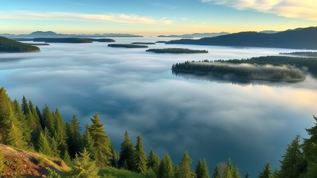 captivating panoramic landscape of Snohomish Sound, serene and reflective, mist floating over the water, lush Pacific Northwest vegetation and winding rivers, early morning dew, soft blue and green hues, gentle natural lighting