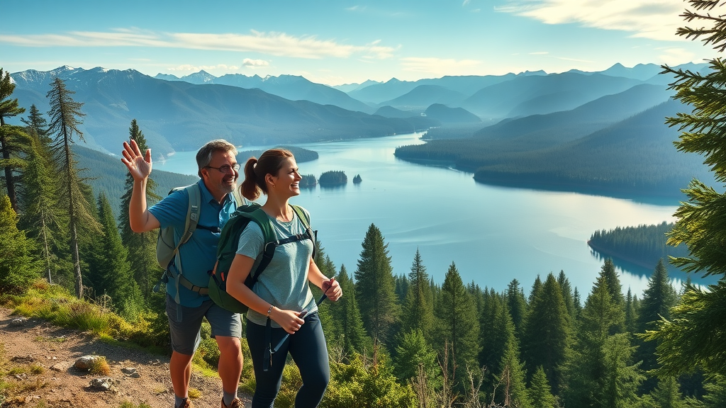 Adventurous hikers on a forest trail overlooking Snohomish Sound and Puget Sound, panoramic view of evergreen trees and blue water, sound to summit experience