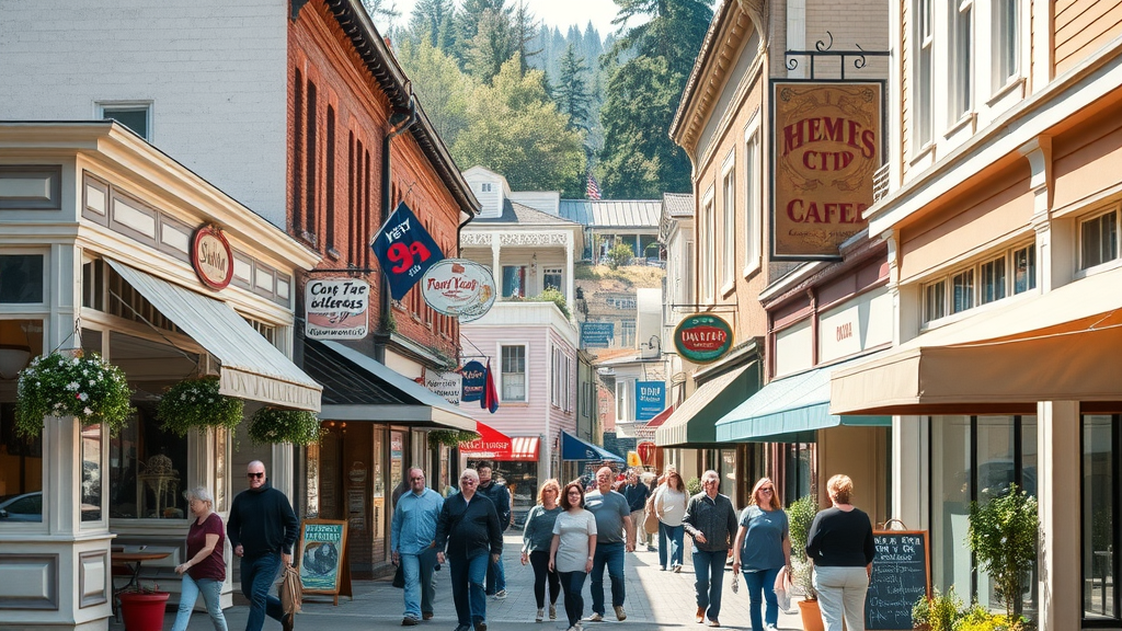 picturesque downtown Snohomish main street, people enjoying local antique shops and cafes, historic storefronts and colorful awnings
