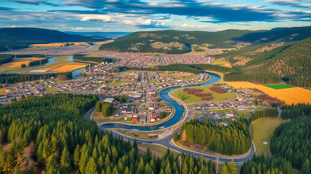 vivid aerial view of Snohomish County, vibrant and inviting, showing a patchwork of settlements and winding rivers, dense forests, foothills, and scattered farms