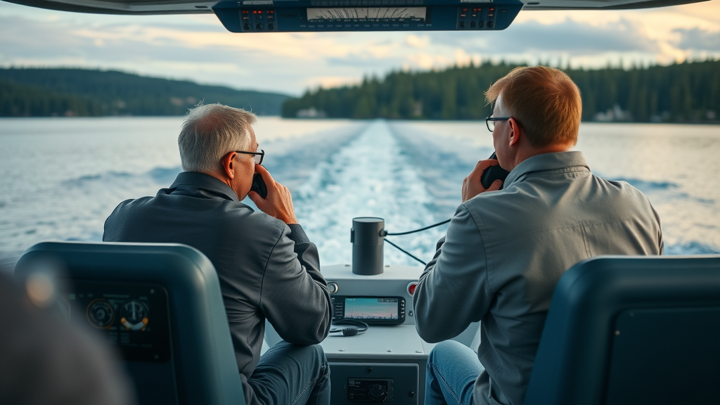 boats communicating by radio Snohomish County, operators passing on open sound, detailed equipment, forested background