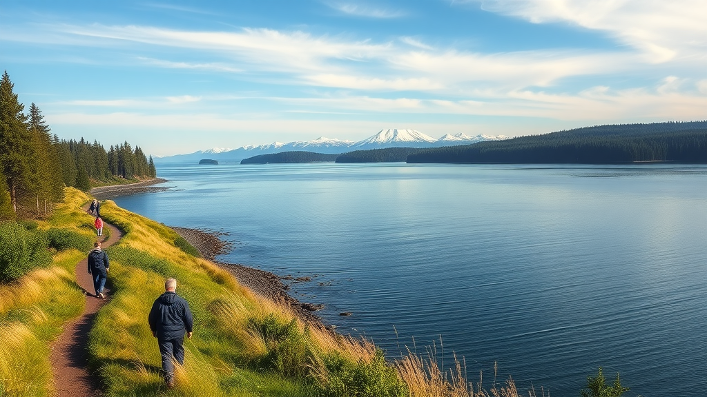 breathtaking view of the Puget Sound shoreline, tourists walking along scenic coastal trails, lush forested coastline with mountains, snohomish sound tourism, vibrant colors