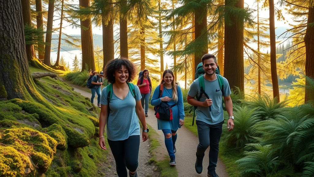 Inviting hiking trail with a group of hikers enjoying forested trails near Snohomish Sound; mossy trees, ferns, and distant water views