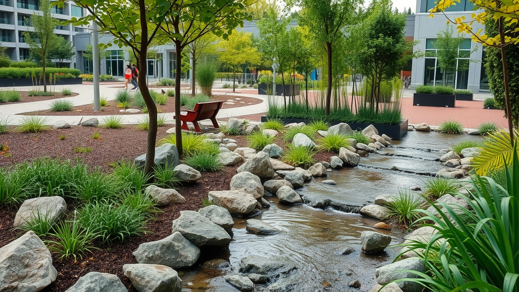 Modern rain garden managing urban runoff in Snohomish County—example of solutions to snohomish sound environmental issues.