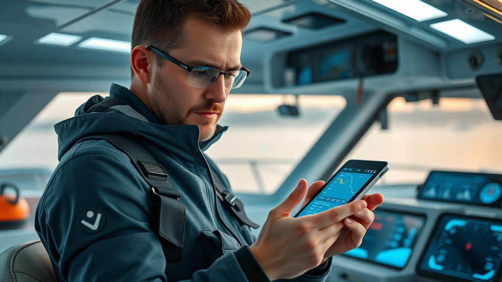 prepared snohomish sound boater checking tide and weather tablet, safety gear, digital interface