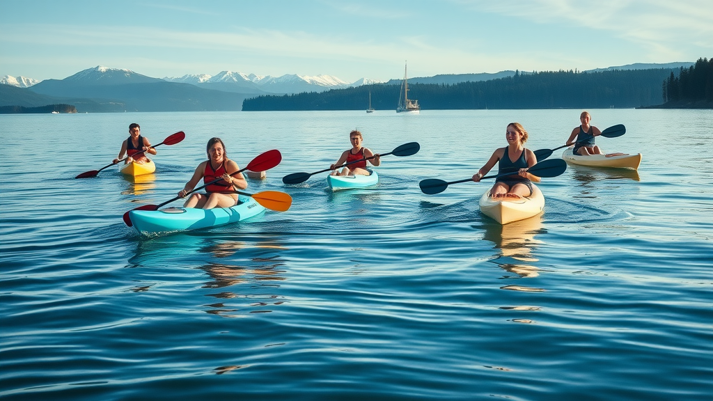 Energetic scene of kayakers and paddleboarders on calm blue water near Snohomish Sound, Pacific Northwest scenery with shoreline and distant snowy mountains