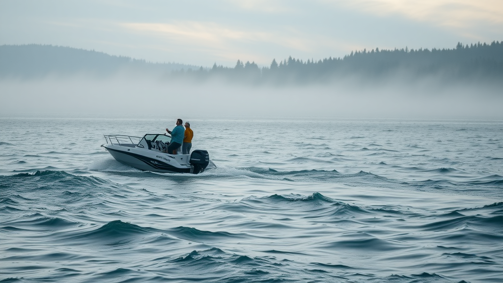 snohomish sound boating moody morning, recreational boat on choppy waters with forested shoreline, crew scanning for hazards