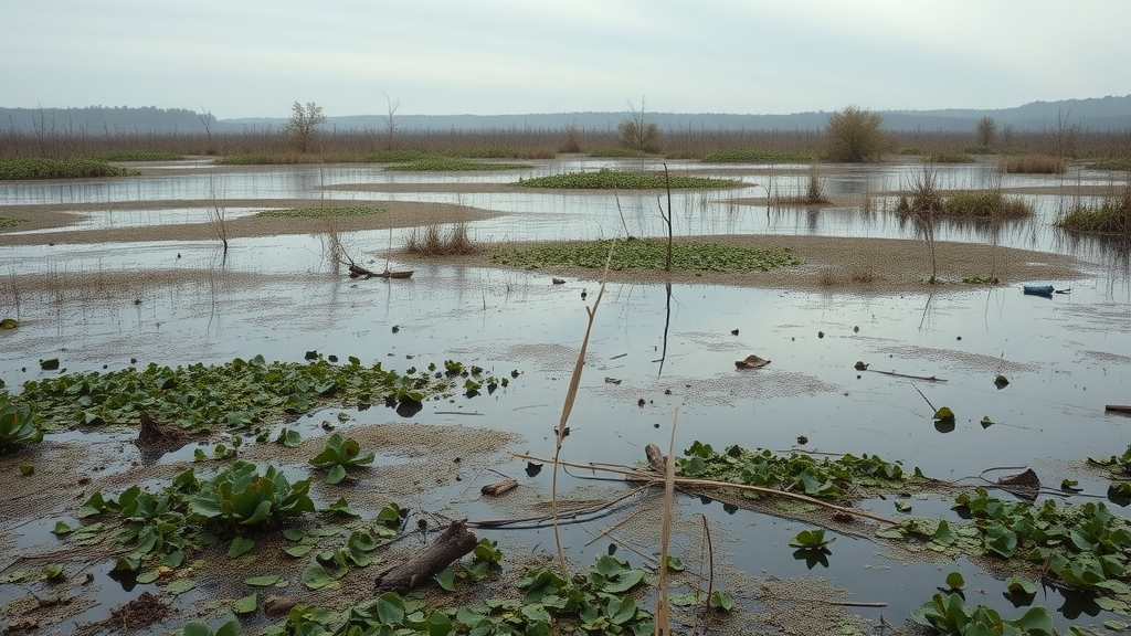 Polluted Snohomish wetland with invasive plants and visible debris—critical example of snohomish sound environmental issues.