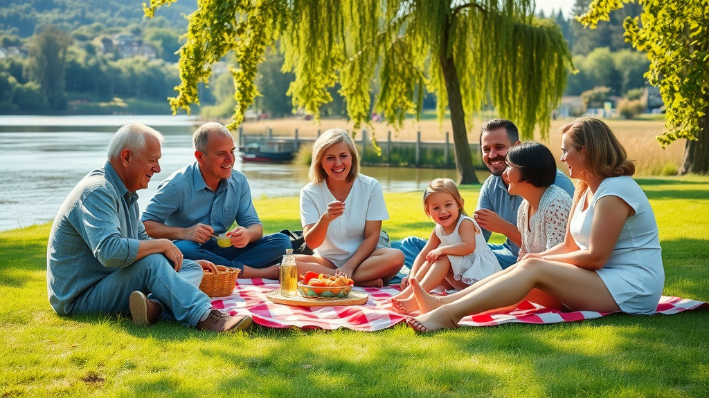Charming riverside park, multi-generational family picnicking beside the Sound water, grassy picnic area, colorful blankets, bright sunshine