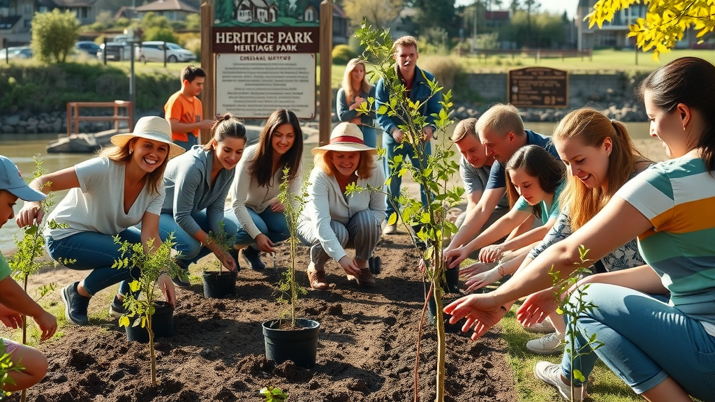 vibrant community event in a local heritage park, people planting native trees, riverbank and historical signage in the background