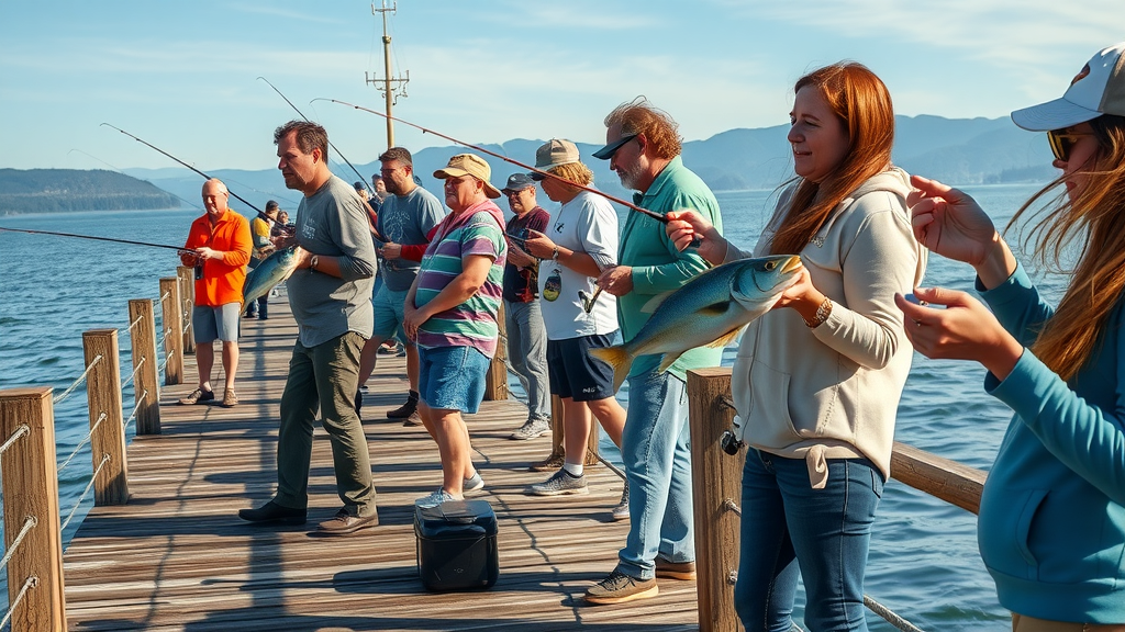 anglers pulling in fish on puget sound pier salmon fishing charter fish washington