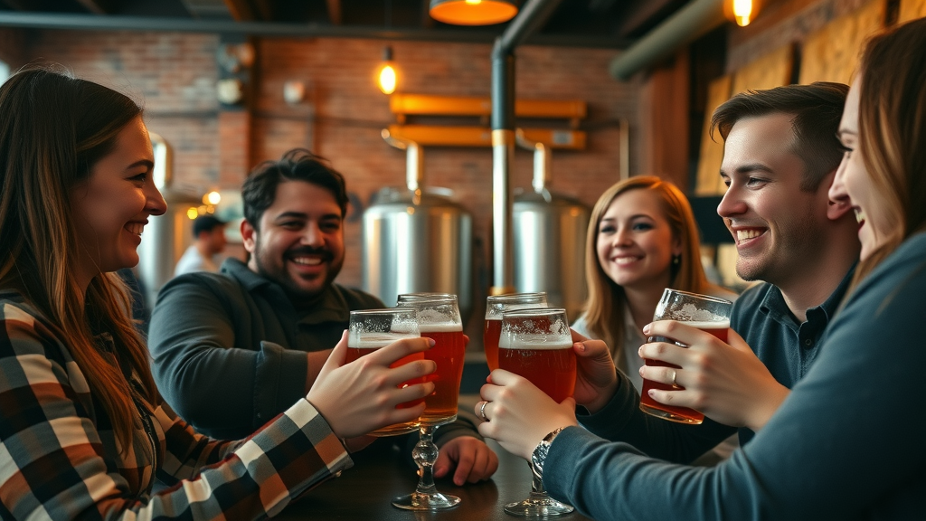 Cozy brewery interior, friends sampling beer flights in Everett Taproom, rustic wood decor, movement of beer being poured
