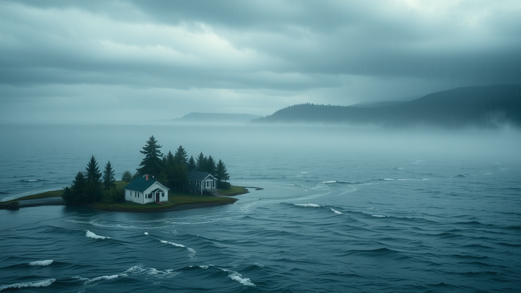 Coastal flooding in the Pacific Northwest affecting homes and trees, illustrating the climate change impact on snohomish sound environmental issues.