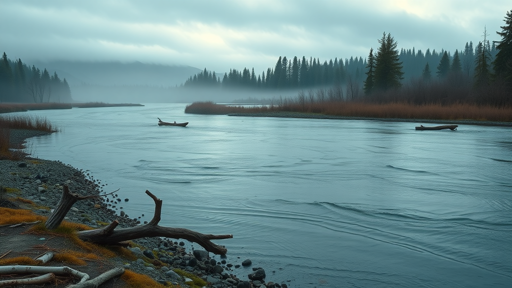 Somber Pacific Northwest river landscape showcasing reduced salmon activity and sparse riverbank vegetation, exemplifying snohomish sound environmental issues.