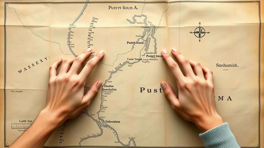 historic map illustration of Puget Sound and Snohomish region, informative and scholarly, hands delicately pointing to waterways, faded parchment background with subtle topographic details