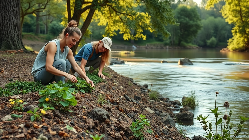 Dedicated volunteers planting native foliage along a riverside at Snohomish Sound, showcasing habitat restoration, forest stewardship, and community-led conservation projects