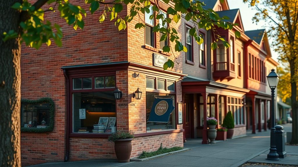 quaint well-preserved Victorian building in downtown Snohomish, charming and nostalgic, undisturbed by modern elements, brick and detailed wooden facades with leafy sidewalk