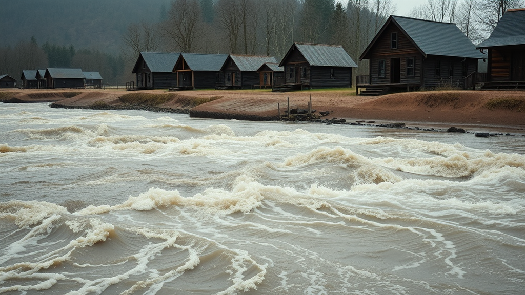 dramatic view of Snohomish River during a seasonal flood, water rushing past historic riverside cabins, muddy embankments and distressed wood structures