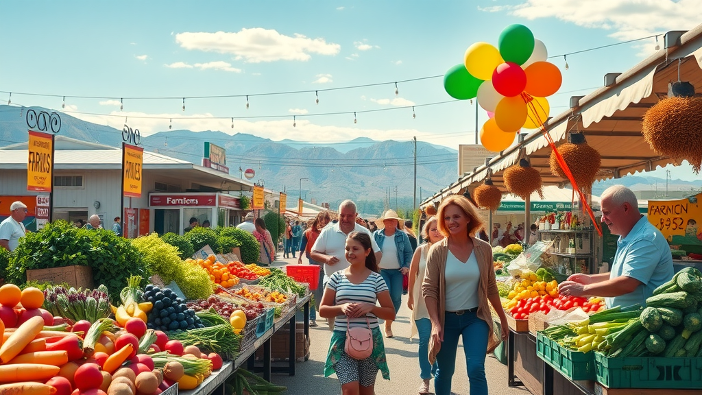 Vibrant farmers market in Snohomish Sound, local produce, smiling vendors, family-friendly, showcasing farm planning and local agriculture experiences