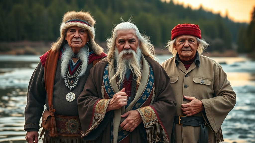 dignified portrait of Snohomish tribal elders in traditional attire, standing at riverbank, flowing river and cedar forests in background