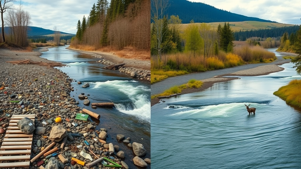 Split-image showing before-and-after restoration of the Snohomish riverbank—vivid contrast highlighting local environmental recovery initiatives.