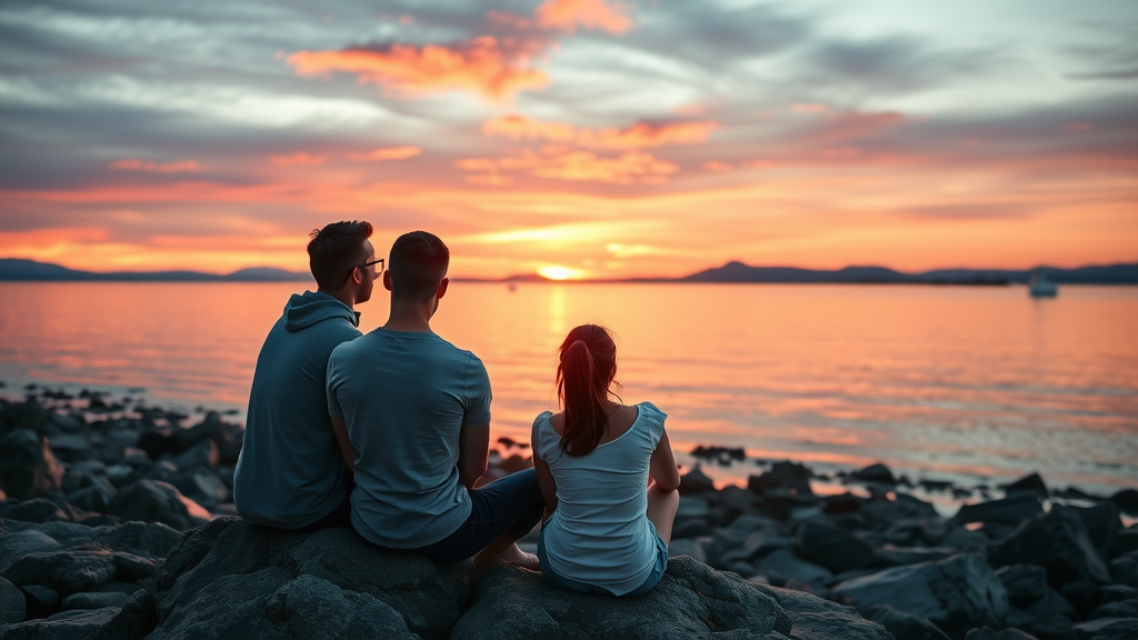 Spectacular sunset over Snohomish Sound, young couple watching the sun dip below the horizon from a rocky shore