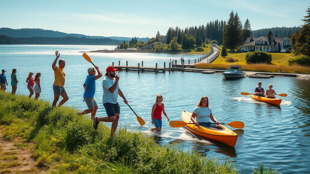 Vibrant coastal landscape, families and individuals enjoying various outdoor activities by the water; lush green parks and the sparkling Snohomish Sound in the background, photorealistic, joyful kayaking, hiking, relaxing