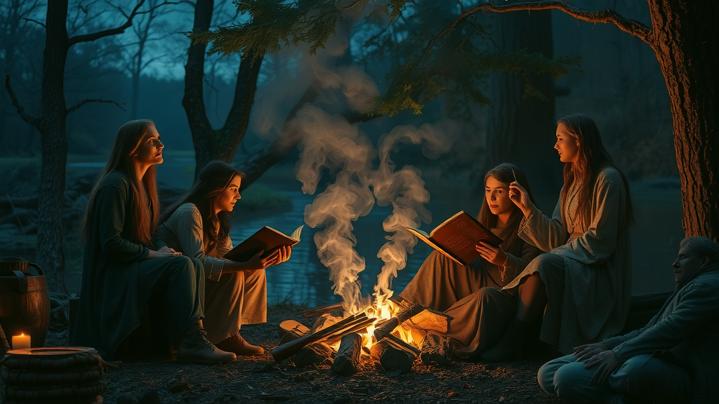mysterious folklore scene by a riverside campfire, storytellers recounting, whispering forests under a starlit night